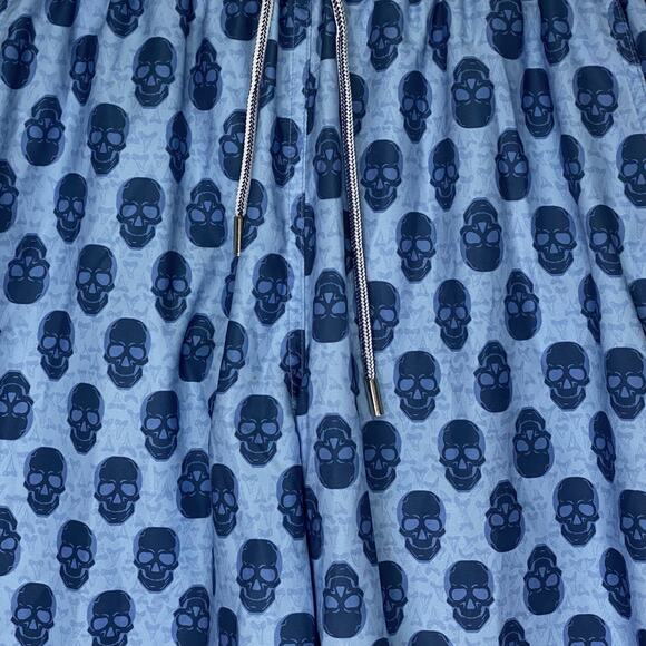 PETER MILLAR Seaside Swim Trunks Skull & Shark Tooth Print Mens Sz M Blue Beach - Picture 2 of 10